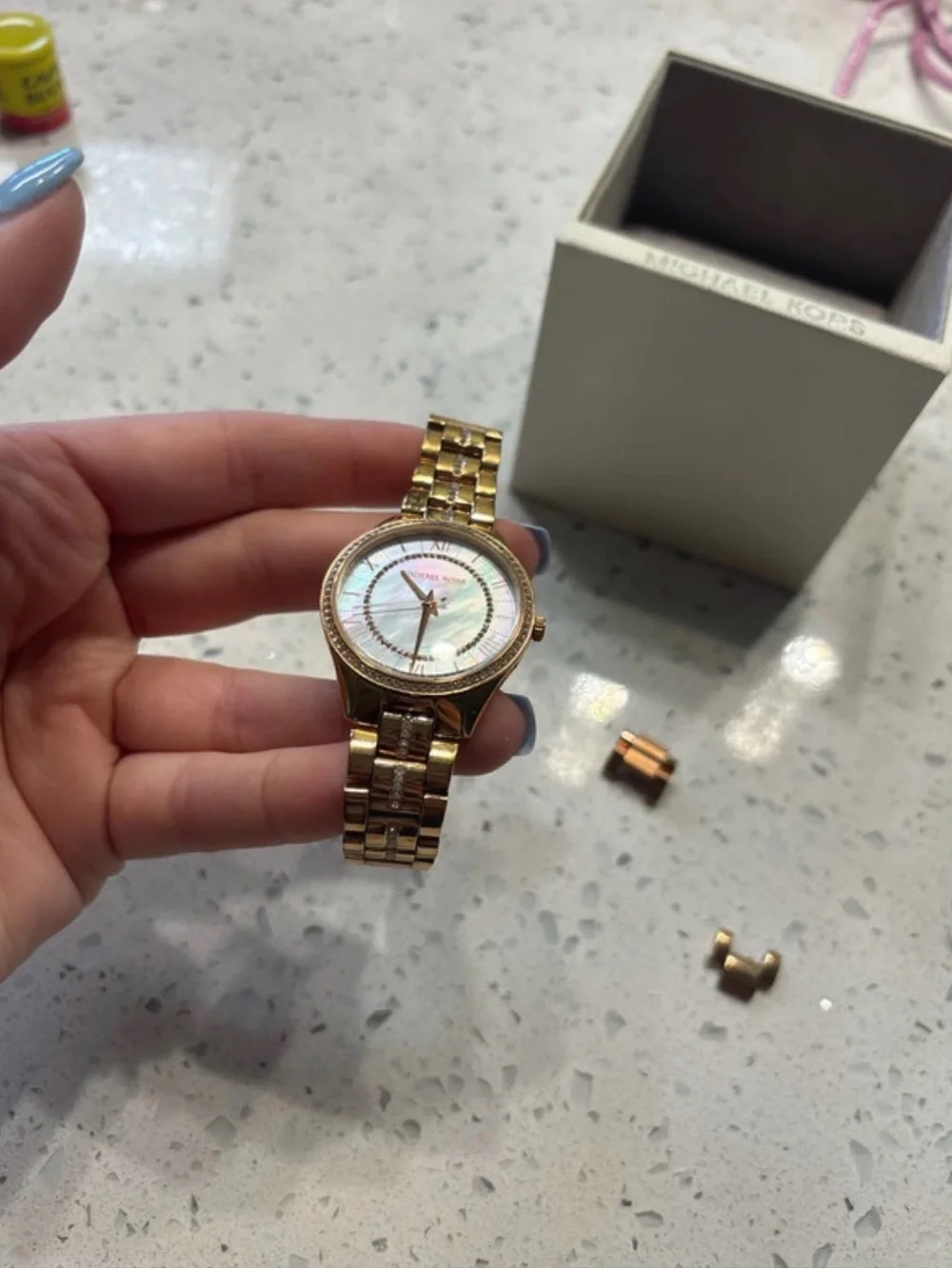 Michael Kors Rose Gold Tone Watch with Mother of Pearl Dial and Crystal Bezel